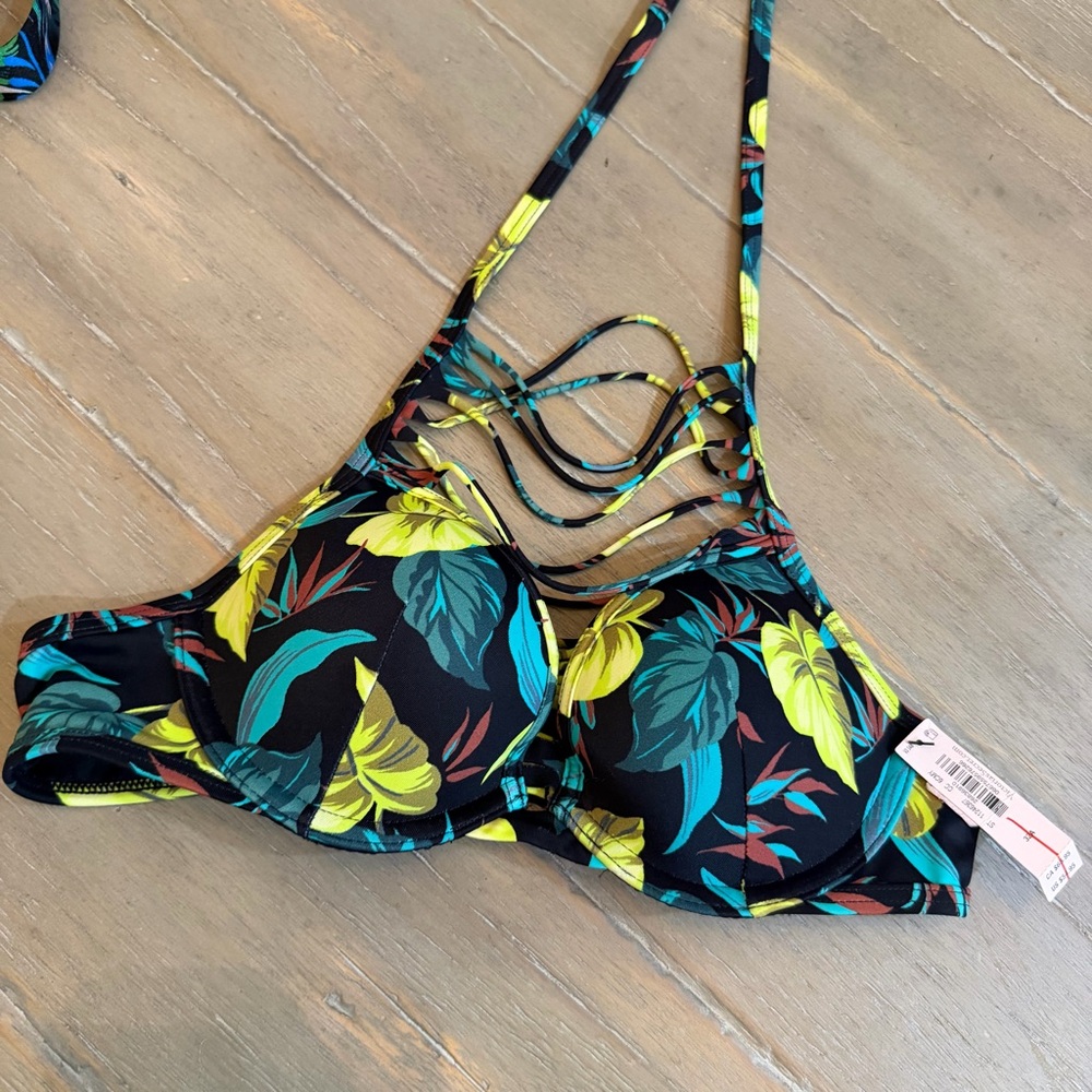 Victoria Secret Black Tropical Print Strappy Bikini Top